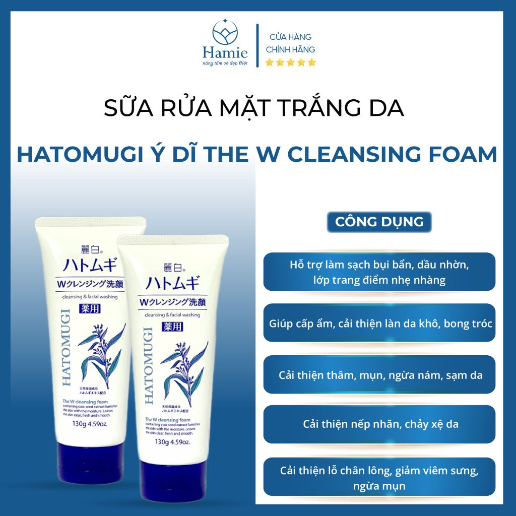 Sữa Rửa Mặt Trắng Da 130gr Hatomugi Ý Dĩ The W Cleansing Foam Nhật Bản