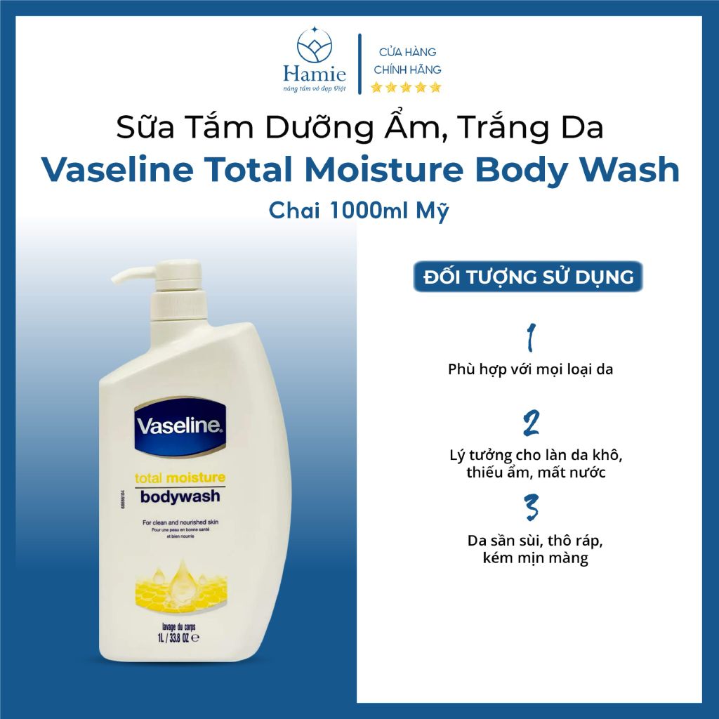 Sữa Tắm Trắng Da Vaseline 1 Lít Total Moisture Body Wash Chai Mỹ