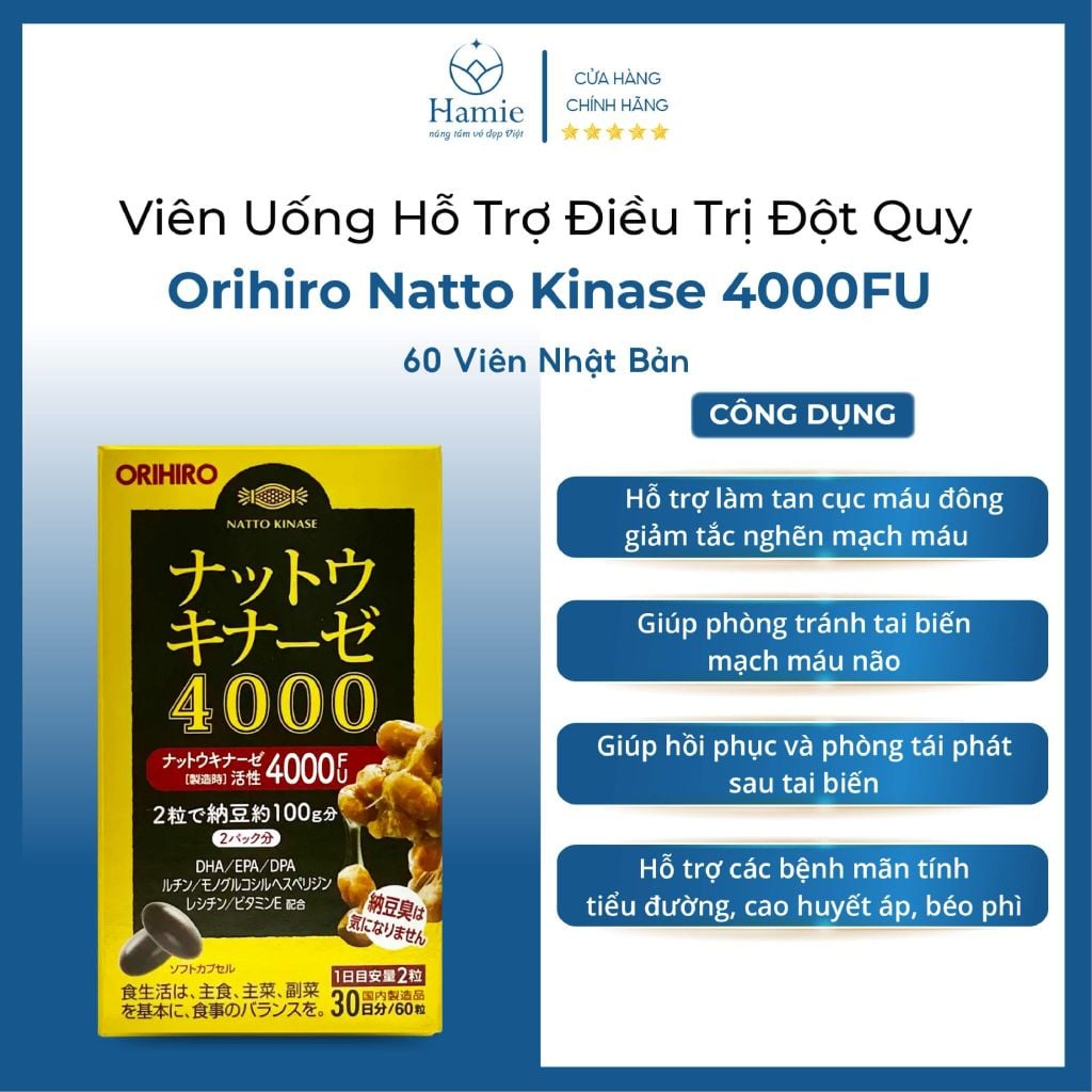 Viên Uống Orihiro Hỗ Trợ Điều Trị Đột Quỵ Natto Kinase 4000FU 60 Viên Nhật Bản