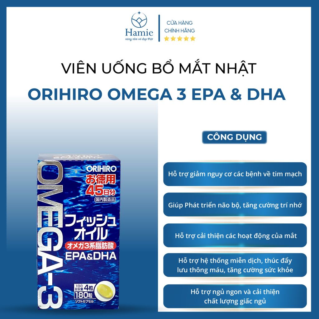 Viên Uống Bổ Mắt Nhật Orihiro Omega 3 EPA & DHA 180 Viên Nhật Bản