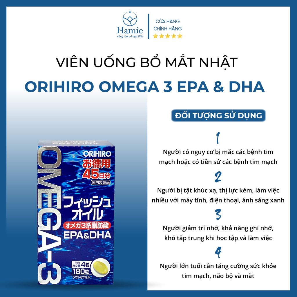 Viên Uống Bổ Mắt Nhật Orihiro Omega 3 EPA & DHA 180 Viên Nhật Bản