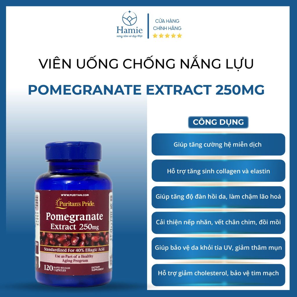 Viên Uống Chống Nắng Nội Sinh Lựu Đỏ Pomegranate Extract 120 Viên Mỹ