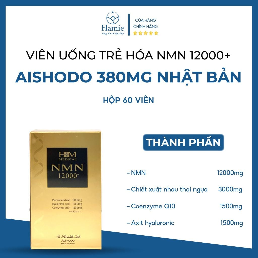 NMN 12000+ Aishodo Viên Uống Trẻ Hóa  380mg Nhật Bản Hộp 60 Viên