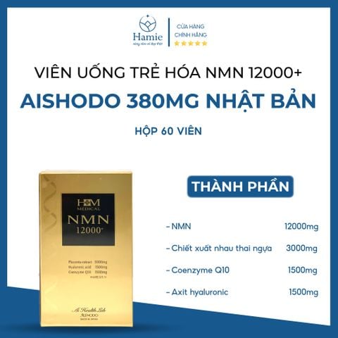 NMN 12000+ Aishodo Viên Uống Trẻ Hóa  380mg Nhật Bản Hộp 60 Viên