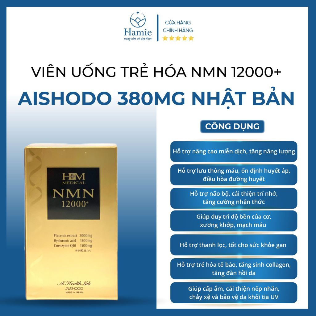 NMN 12000+ Aishodo Viên Uống Trẻ Hóa  380mg Nhật Bản Hộp 60 Viên