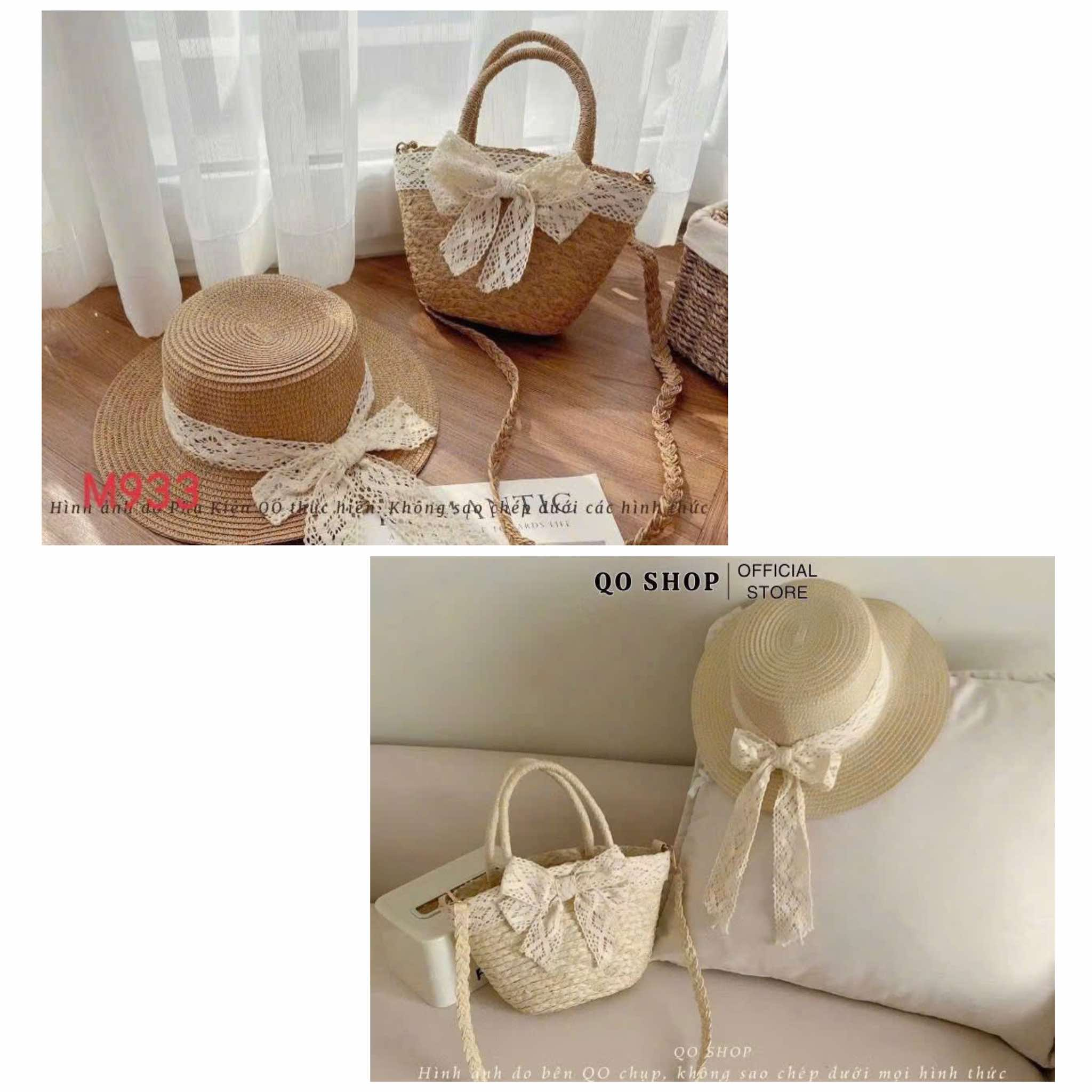  set mũ + túi cói ren T9 