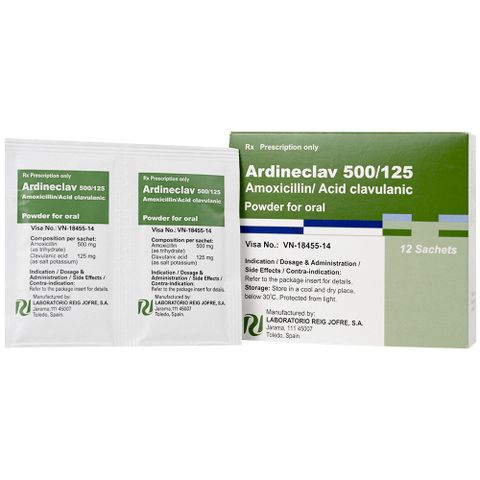  Bột pha hỗn dịch uống Ardineclav 500/125 Laboratorio Reig Jofre điều trị ngắn ngày nhiễm khuẩn (12 gói) 