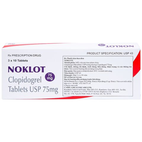  Viên nén Noklot 75mg Cadila phòng ngừa tai biến xơ vữa động mạch (3 vỉ x 10 viên) 