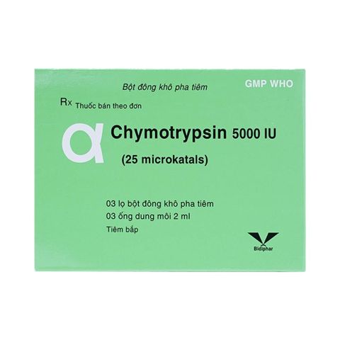  Bột đông khô pha tiêm AlphaChymotripsin 5000IU Bidiphar điều trị phù nề sau chấn thương, phẩu thuật (3 lọ bột x 3 ống dung môi) 
