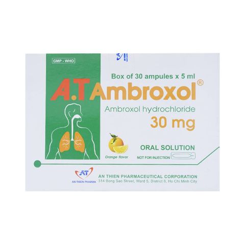  Dung dịch uống A.T Ambroxol 30mg An Thiên làm loãng nhầy trong bệnh viêm phế quản, hen phế quản (30 ống x 5ml) 