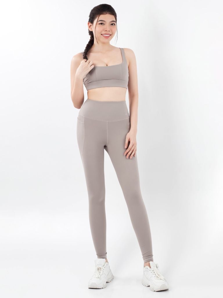 Bộ Đồ Tập Gym Yoga Nữ UNIQ Cool Peel - Áo Cổ Vuông Lưng Đồng Hồ Cát & Quần Legging