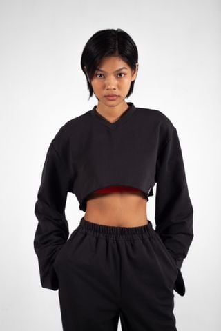 UniqFit Áo Croptop Cutout Nỉ Cổ Chữ V Đen