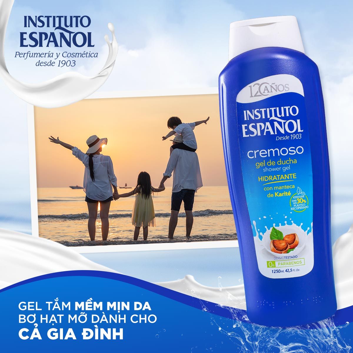  Gel tắm Bơ Hạt Mỡ hỗ trợ cấp ẩm sâu, mềm mịn da Instituto Espanol Cremoso Shower Gel 1250ml 