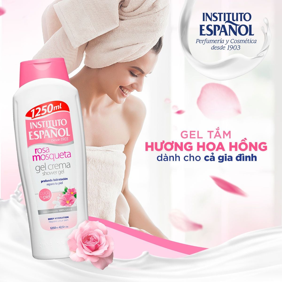  Gel tắm chiết xuất Hoa Hồng hỗ trợ làm sáng, cấp ẩm mềm mịn da Instituto Espanol Rosa Mosqueta Shower Gel 1250ml 