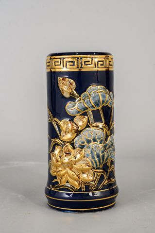  Ống hương Bát Tràng men xanh coban đắp nổi sen vẽ vàng cao 20 cm 