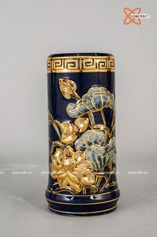  Ống hương Bát Tràng men xanh coban đắp nổi sen vẽ vàng cao 20 cm 