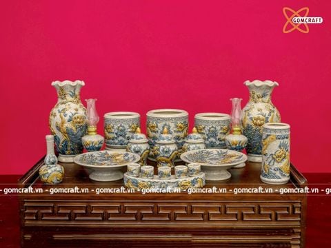  Bộ đồ thờ Bát Tràng men rạn đắp nổi rồng 