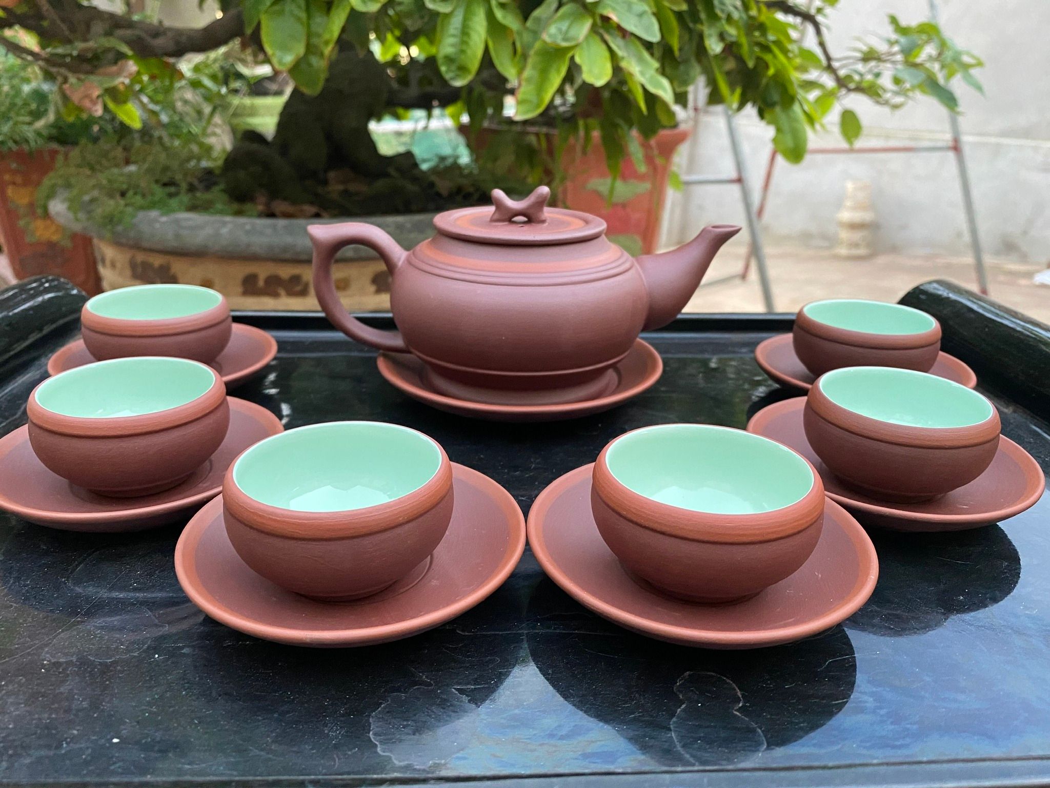  Ấm Chén Bát Tràng gốm Tử Sa dáng Trống Đai Đất chỉ đỏ lòng xanh 300ml | Quà Tặng Doanh Nghiệp bộ ấm chén uống trà 