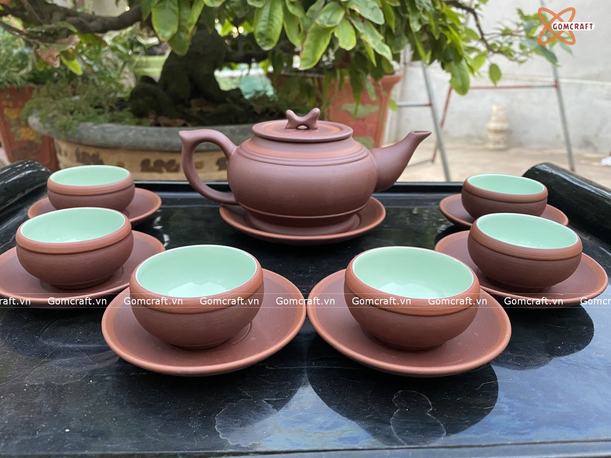  Ấm Chén Bát Tràng gốm Tử Sa dáng Trống Đai Đất chỉ đỏ lòng xanh 300ml | Quà Tặng Doanh Nghiệp bộ ấm chén uống trà 