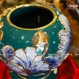  Bình Hoa men xanh lục bảo vẽ vàng dáng béo họa tiết Liên Hoa Cát Tường hàng vuốt tay | Quà Tặng bình hoa Bát Tràng 