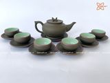  Ấm Chén Bát Tràng gốm Tử Sa dáng Trống Đai Xanh trầm chỉ đỏ lòng xanh 300ml | Quà Tặng Doanh Nghiệp bộ ấm chén uống trà 