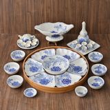  Quà Tặng Doanh Nghiệp | Bộ Hoa Mặt Trời Bát Tràng 32 vật phẩm vẽ Hoa Phù Dung hàng kỹ men lam size 45 