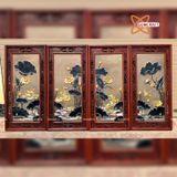  Tranh Gốm Tứ Quý Bát Tràng Sen Hạc Phú Quý men màu đắp nổi kích thước 45 x 95 cm khung gỗ hương 