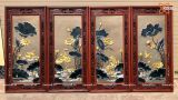  Tranh Gốm Tứ Quý Bát Tràng Sen Hạc Phú Quý men màu đắp nổi kích thước 45 x 95 cm khung gỗ hương 
