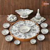 Quà Tặng Doanh Nghiệp | Bộ Hoa Mặt Trời Bát Tràng 32 vật phẩm vẽ Hoa Sen hàng kỹ men chàm size 45 