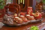  Quà Tặng Doanh Nghiệp | Ấm Chén Bát Tràng vuốt tay họa tiết Rồng đắp nổi men đỏ mạ vàng cao cấp 