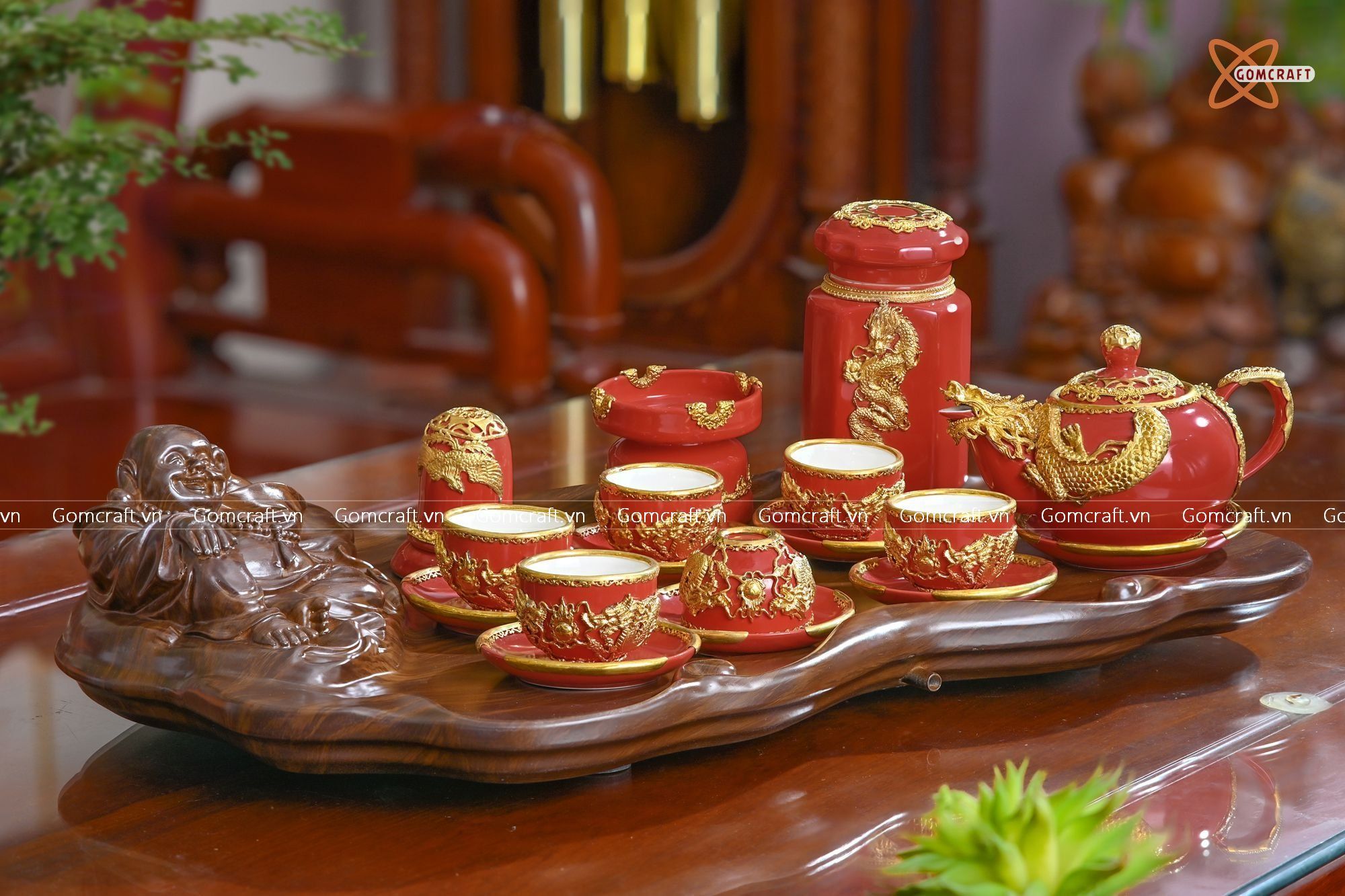  Quà Tặng Doanh Nghiệp | Ấm Chén Bát Tràng vuốt tay họa tiết Rồng đắp nổi men đỏ mạ vàng cao cấp 