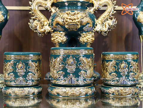  Bát hương Bát Tràng men xanh lục bảo đắp nổi rồng vẽ vàng 24k đường kính 25 cm 