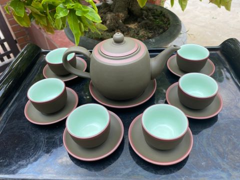  Ấm Chén Bát Tràng gốm Tử Sa Búp Sen Xanh trầm chỉ đỏ lòng xanh 400ml | Quà Tặng Doanh Nghiệp bộ ấm chén uống trà 