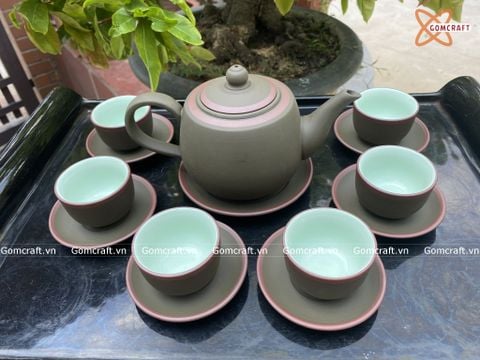  Ấm Chén Bát Tràng gốm Tử Sa Búp Sen Xanh trầm chỉ đỏ lòng xanh 400ml | Quà Tặng Doanh Nghiệp bộ ấm chén uống trà 