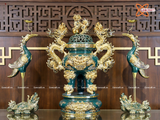  Đồ thờ Bát Tràng | Bộ đồ thờ dâng ban thờ gia tiên men sứ xanh ngọc đắp nổi vẽ vàng 37 vật phẩm 