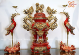  Đồ thờ Bát Tràng | Bộ đồ thờ dâng ban thờ gia tiên men sứ đỏ đắp nổi vẽ vàng 37 vật phẩm 