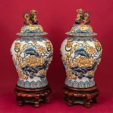  Quà Tặng Cao Cấp | Chóe Bát Tràng 20 lít đắp nổi Niên Niên Hữu Dư men rạn 