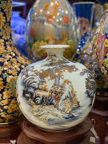  Bình Hút Lộc Bát Tràng Sơn Thuỷ men lam vẽ vàng cao 33 cm | Quà Tặng Khai Trương bình hút lộc Bát Tràng 