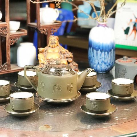  Ấm Chén Bát Tràng gốm Tử Sa Bọc Đồng Cao Cấp 500ml | Quà Tặng Doanh Nghiệp bộ ấm chén uống trà 