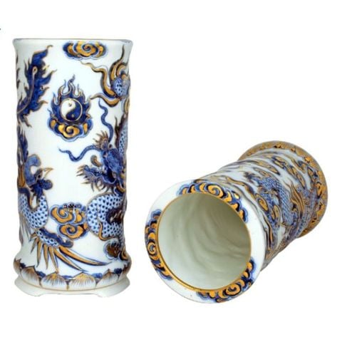  Ống Đựng Hương Men Lam Hình Rồng Vẽ Vàng 16cm 