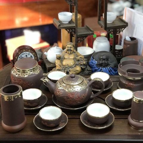  Ấm Chén Bát Tràng gốm Tử Sa bọc Đồng dáng Thủy Bình 450ml | Quà Tặng Doanh Nghiệp bộ ấm chén uống trà 