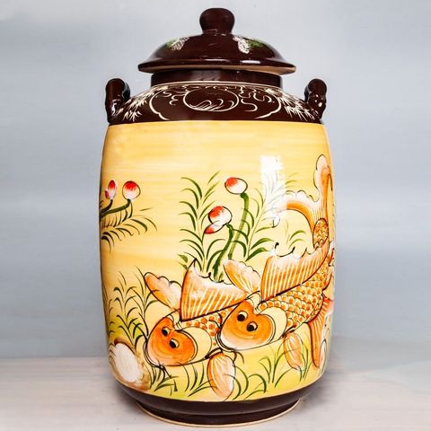  Quà tặng cao cấp Hũ gạo tài lộc có quai họa tiết Cá Chép Hồ Sen dung tích 60 lít 