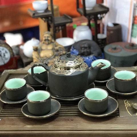  Ấm Chén Bát Tràng gốm Tử Sa bọc Đồng dáng Hán Đạc 400ml | Quà Tặng Doanh Nghiệp bộ ấm chén uống trà 