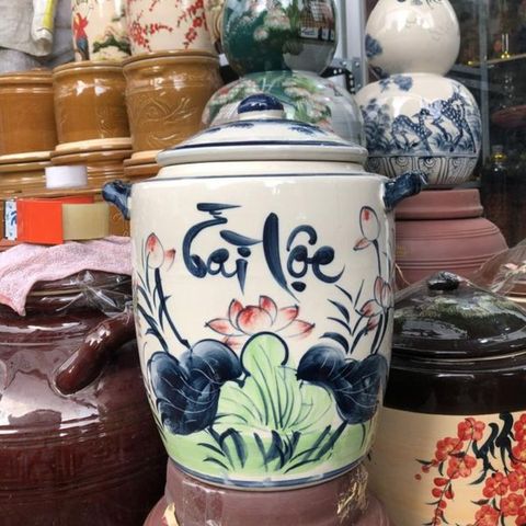  Quà tặng cao cấp Hũ đựng gạo nền men lam vẽ chữ Tài Lộc dung tích 20 lít 