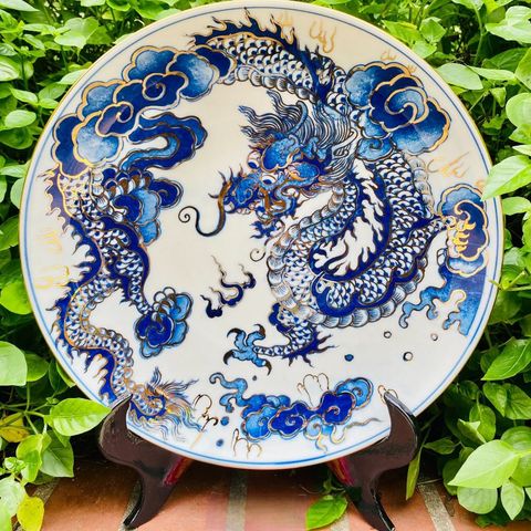  Mâm Bồng Men Lam Nhất Long 23cm 