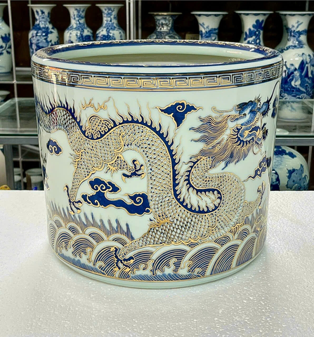  Bát hương Bát Tràng hoạ tiết Rồng men sứ trắng vẽ vàng đường kính 35 cm 