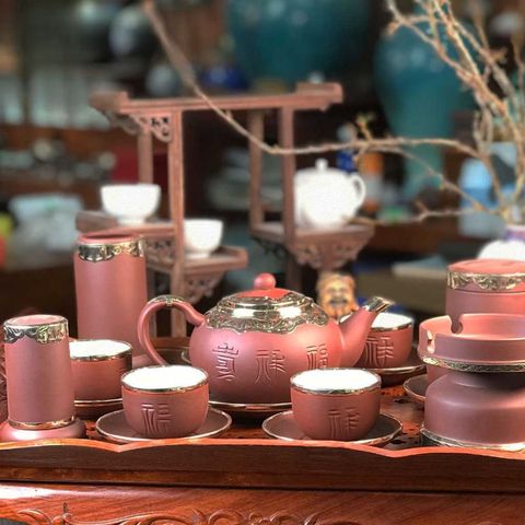  Ấm Chén Bát Tràng gốm Tử Sa Bọc Đồng Cao Cấp 500ml | Quà Tặng Doanh Nghiệp bộ ấm chén uống trà 