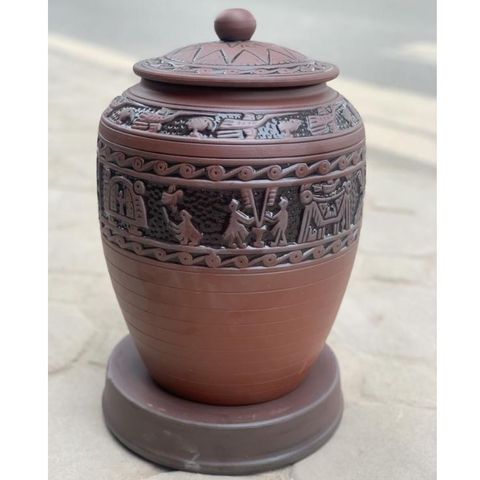  Quà tặng cao cấp Hũ gạo tài lộc chất liệu gốm mộc khắc nổi Trống Đồng Đồng Sơn dung tích 30 lít 