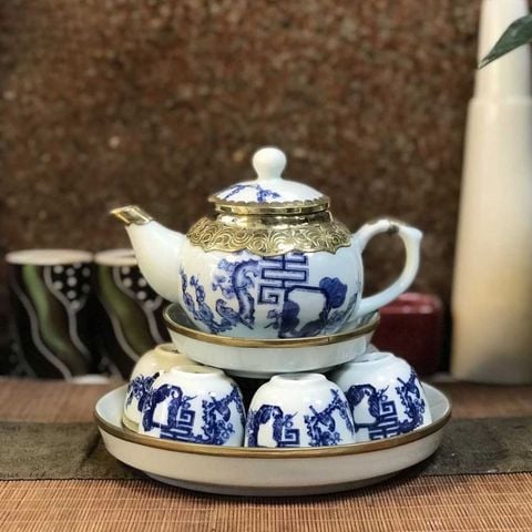  Ấm Chén Bát Tràng bọc Đồng men Lam họa tiết Hoa Đào dáng Thủy Bình 300ml | Quà Tặng Doanh Nghiệp bộ ấm chén uống trà 