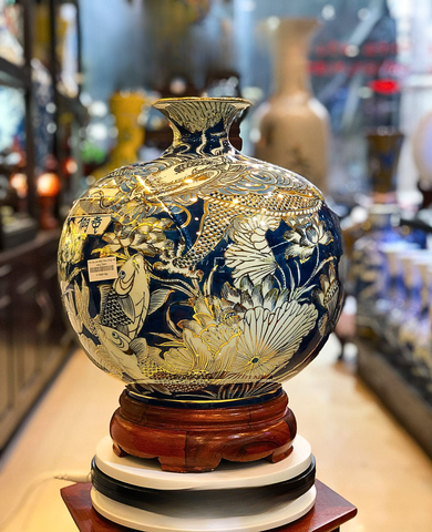  Bình Hút Lộc Bát Tràng Cá chép hoá rồng men lam vẽ vàng | Quà Tặng Khai Trương bình hút lộc Bát Tràng 